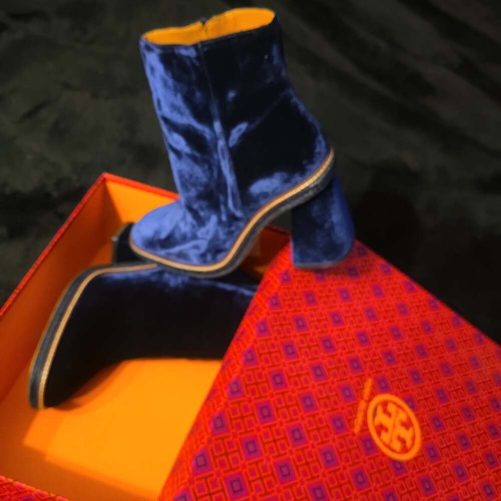 Tory Burch Dear Frances Spirit Navy Velvet Leather High Heel Ankle Boots